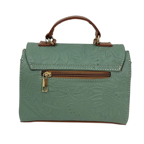 Sage Green Sunflower Embossed Tooled Artisan LEATHER Crossbody Handbag Purse - Picture 4 of 13